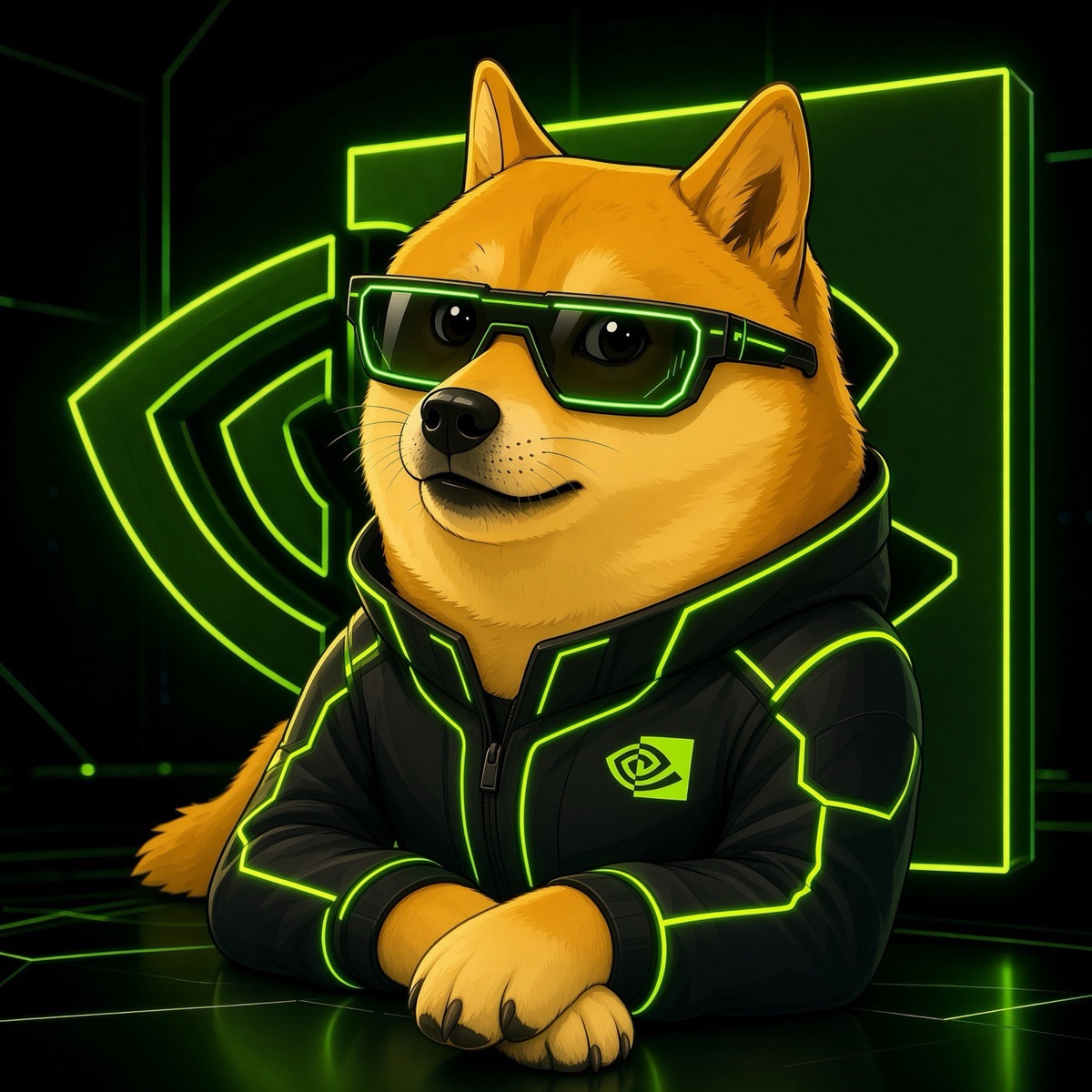 NVDA Doge — a shiba in a black jacket and neon green glasses, in front of a glowing green eye logo